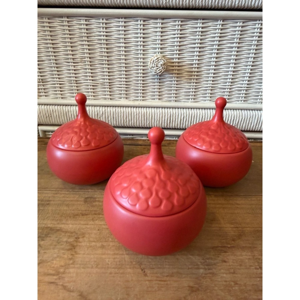 Set of 3 Matte Red Ceramic Lidded Teardrop Decorative Containers